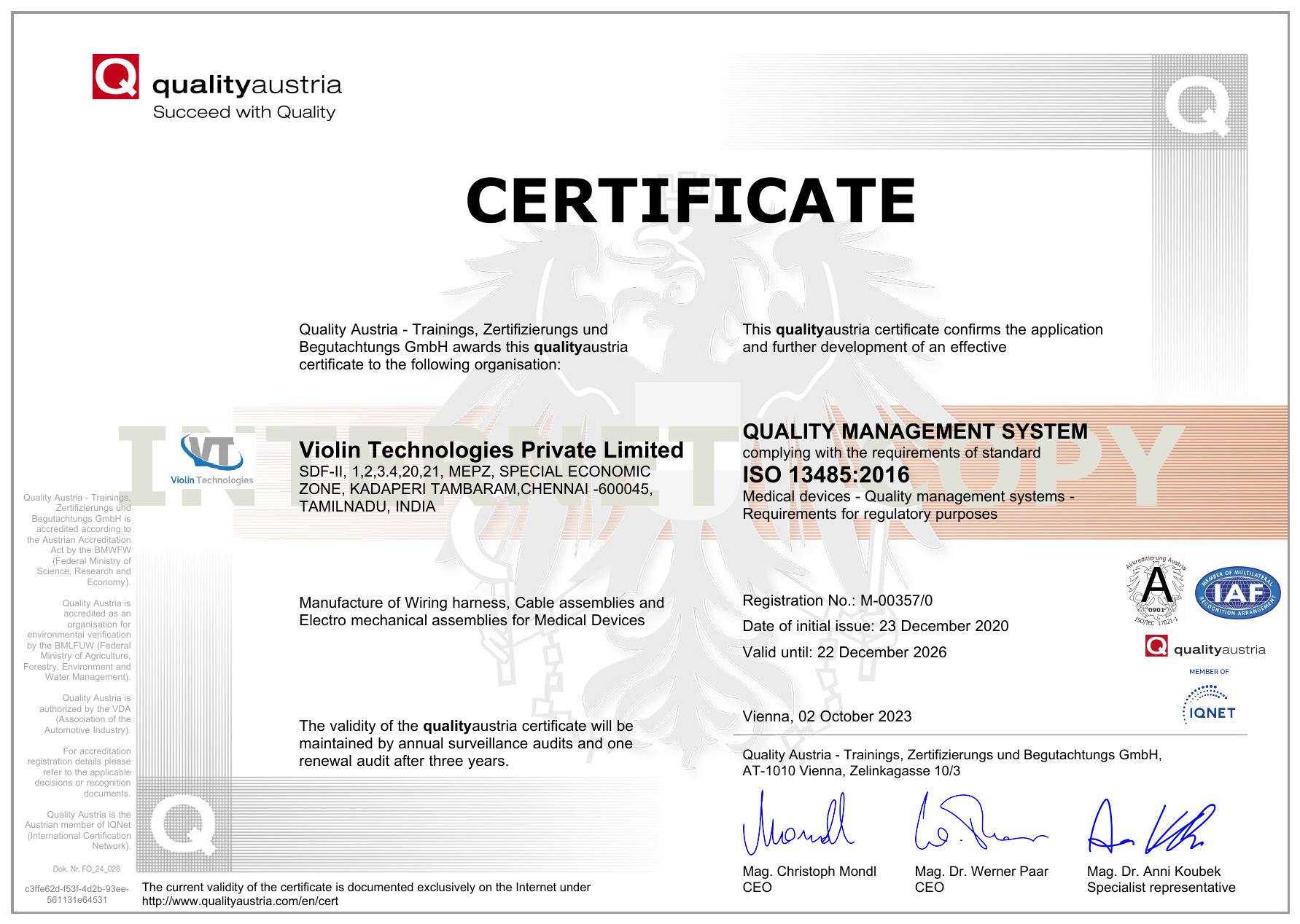 ISO 13485 ; 2016_Violintech Cables